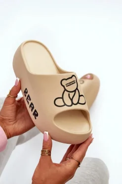 Piankowe Klapki Damskie Na Masywnej Podeszwie Z Misiem Ciemnobeżowe Lamira