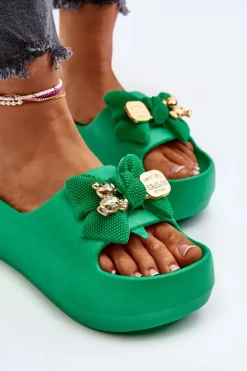 Piankowe Klapki Damskie Z Kokardą Zielone Salessa