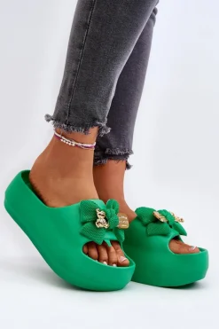 Piankowe Klapki Damskie Z Kokardą Zielone Salessa