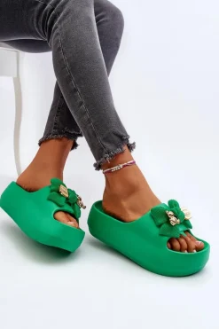 Piankowe Klapki Damskie Z Kokardą Zielone Salessa