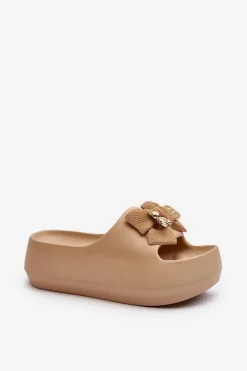 Piankowe Klapki Damskie Z Kokardą Khaki Salessa