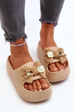 Piankowe Klapki Damskie Z Kokardą Khaki Salessa