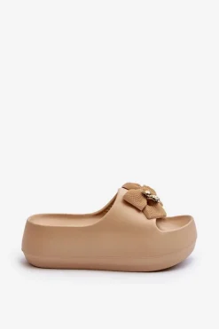 Piankowe Klapki Damskie Z Kokardą Khaki Salessa