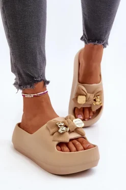 Piankowe Klapki Damskie Z Kokardą Khaki Salessa