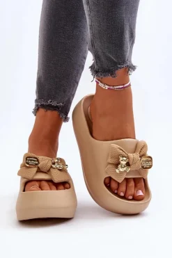 Piankowe Klapki Damskie Z Kokardą Khaki Salessa