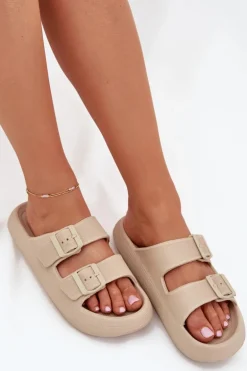 Piankowe Klapki Damskie Z Klamrami Vinceza 76056 Beżowe