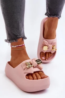 Piankowe Klapki Damskie Z Kokardą Różowe Salessa