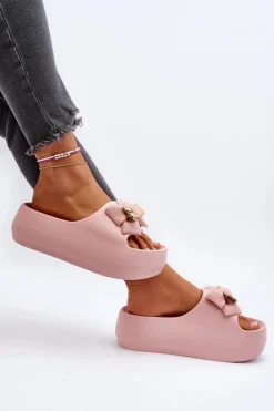 Piankowe Klapki Damskie Z Kokardą Różowe Salessa