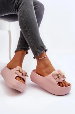 Piankowe Klapki Damskie Z Kokardą Różowe Salessa