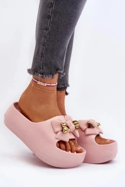 Piankowe Klapki Damskie Z Kokardą Różowe Salessa