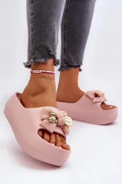 Piankowe Klapki Damskie Z Kokardą Różowe Salessa