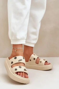 Piankowe Klapki Damskie Z Przypinkami Beżowe Ravanala