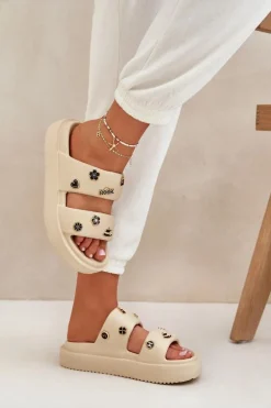 Piankowe Klapki Damskie Z Przypinkami Beżowe Ravanala