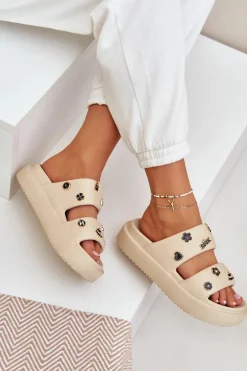 Piankowe Klapki Damskie Z Przypinkami Beżowe Ravanala