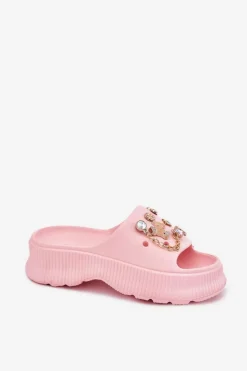 Piankowe Klapki Damskie Ze Złotymi Przypinkami Różowe Hortiana