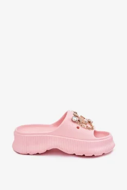 Piankowe Klapki Damskie Ze Złotymi Przypinkami Różowe Hortiana