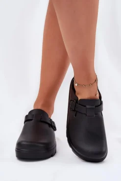 Piankowe Klapki Damskie Z Paskiem I Klamrą Czarne Larinie