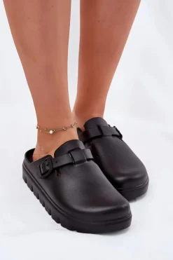 Piankowe Klapki Damskie Z Paskiem I Klamrą Czarne Larinie