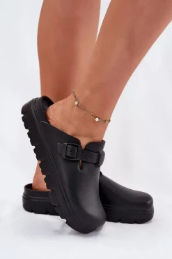 Piankowe Klapki Damskie Z Paskiem I Klamrą Czarne Larinie