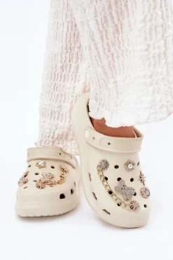 Piankowe Klapki Damskie Z Przypinkami Beżowe Linaviela