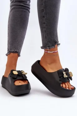 Piankowe Klapki Damskie Z Kokardą Czarne Salessa