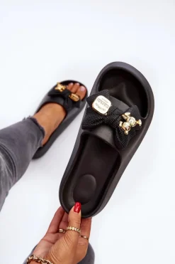 Piankowe Klapki Damskie Z Kokardą Czarne Salessa