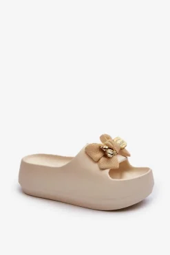 Piankowe Klapki Damskie Z Kokardą Beżowe Salessa
