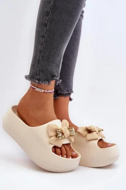 Piankowe Klapki Damskie Z Kokardą Beżowe Salessa