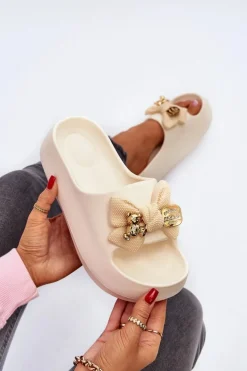 Piankowe Klapki Damskie Z Kokardą Beżowe Salessa