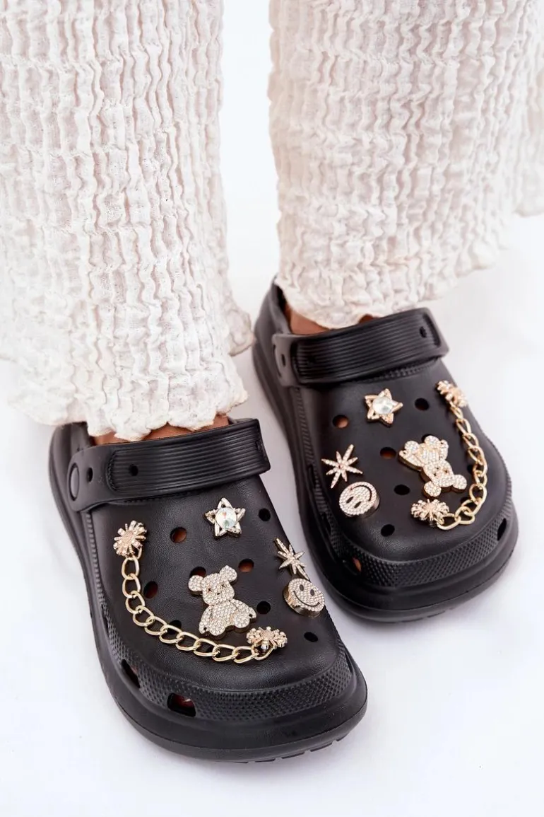 Piankowe Klapki Damskie Z Przypinkami Czarne Linaviela