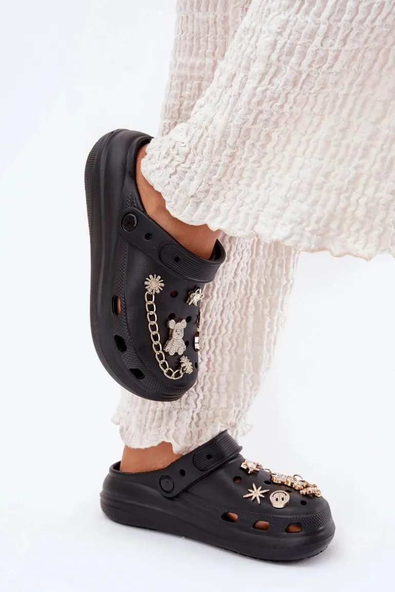 Piankowe Klapki Damskie Z Przypinkami Czarne Linaviela