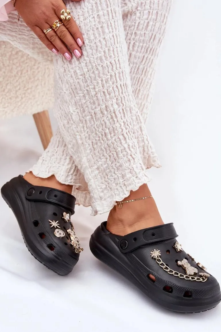 Piankowe Klapki Damskie Z Przypinkami Czarne Linaviela