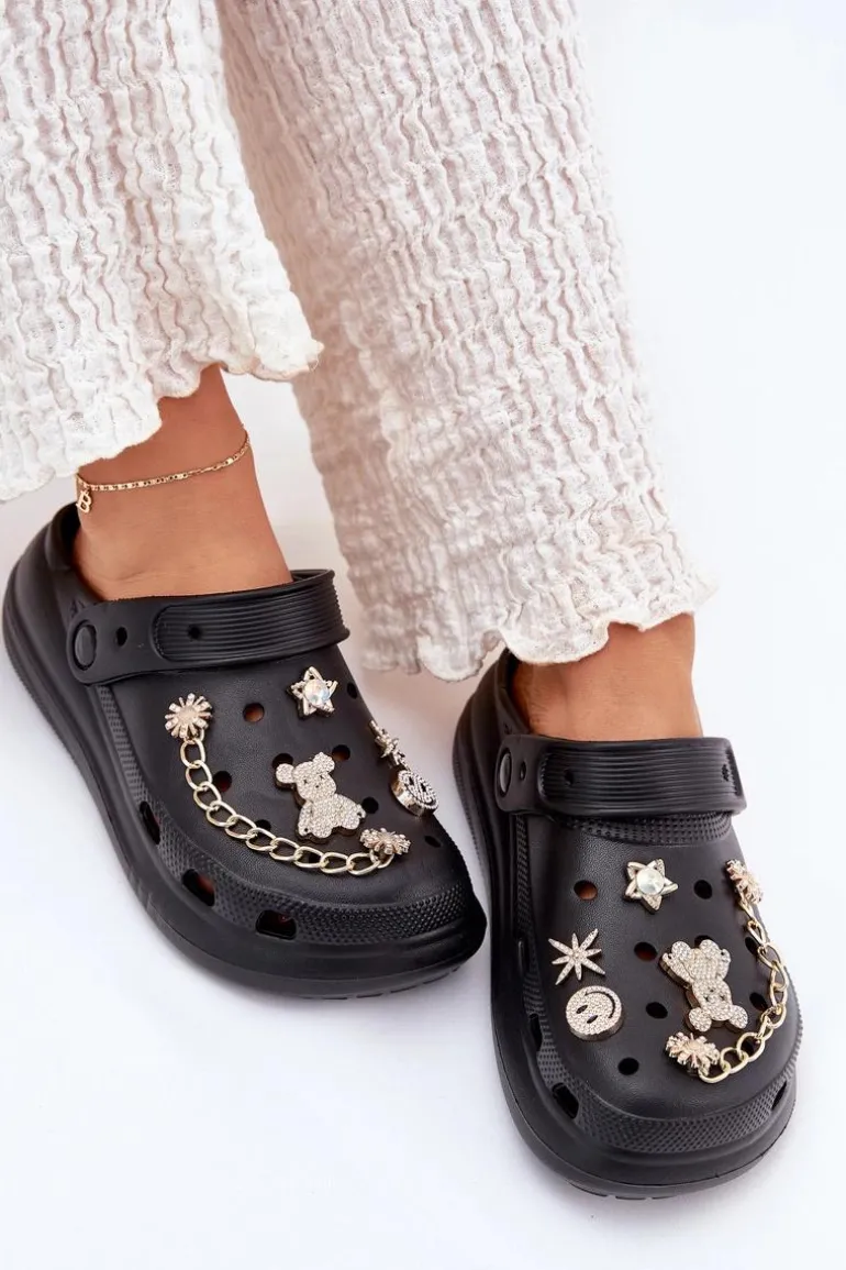 Piankowe Klapki Damskie Z Przypinkami Czarne Linaviela