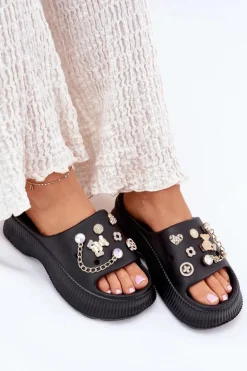 Piankowe Klapki Damskie Ze Złotymi Przypinkami Czarne Hortiana