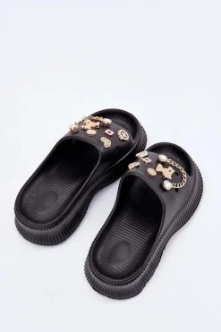 Piankowe Klapki Damskie Ze Złotymi Przypinkami Czarne Hortiana