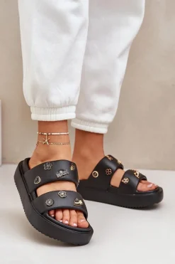 Piankowe Klapki Damskie Z Przypinkami Czarne Ravanala