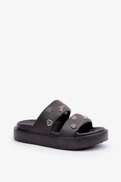 Piankowe Klapki Damskie Z Przypinkami Czarne Ravanala