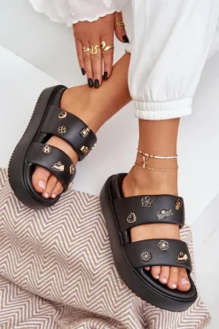 Piankowe Klapki Damskie Z Przypinkami Czarne Ravanala