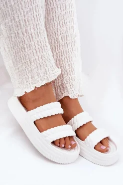 Piankowe Lekkie Klapki Damskie Na Platformie S.Barski ZK51-001 Białe