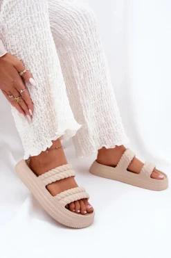 Piankowe Lekkie Klapki Damskie Na Platformie S.Barski ZK51-001 Beżowe