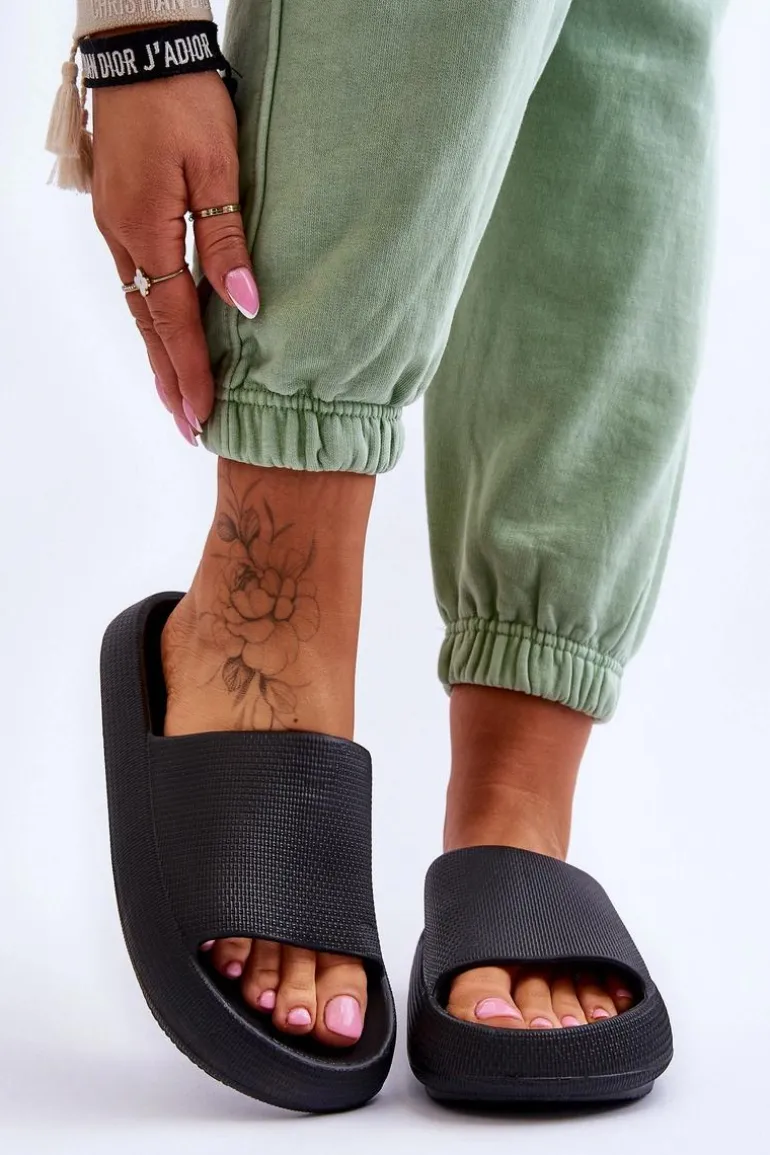 Piankowe Modne Klapki Na Masywnej Platformie Czarne Linnea