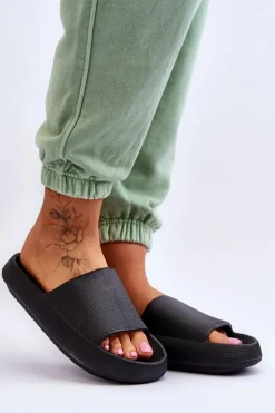 Piankowe Modne Klapki Na Masywnej Platformie Czarne Linnea