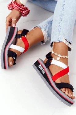 Piankowe Sandały Na Koturnie Big Star HH274A082 Czerwono-Białe