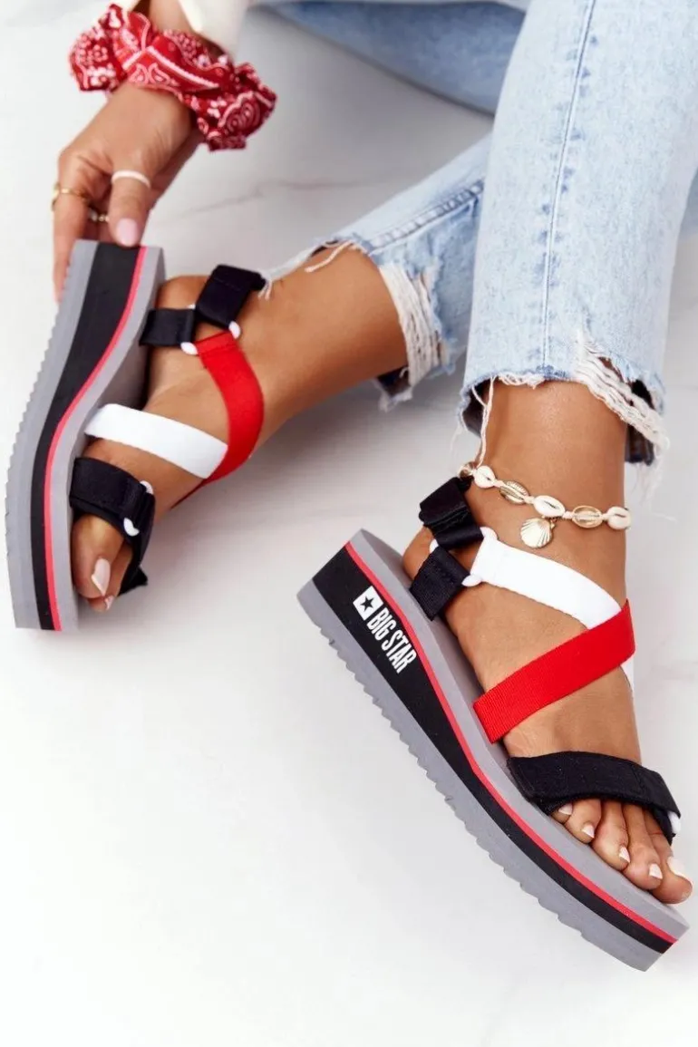Piankowe Sandały Na Koturnie Big Star HH274A082 Czerwono-Białe
