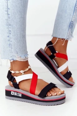 Piankowe Sandały Na Koturnie Big Star HH274A082 Czerwono-Białe