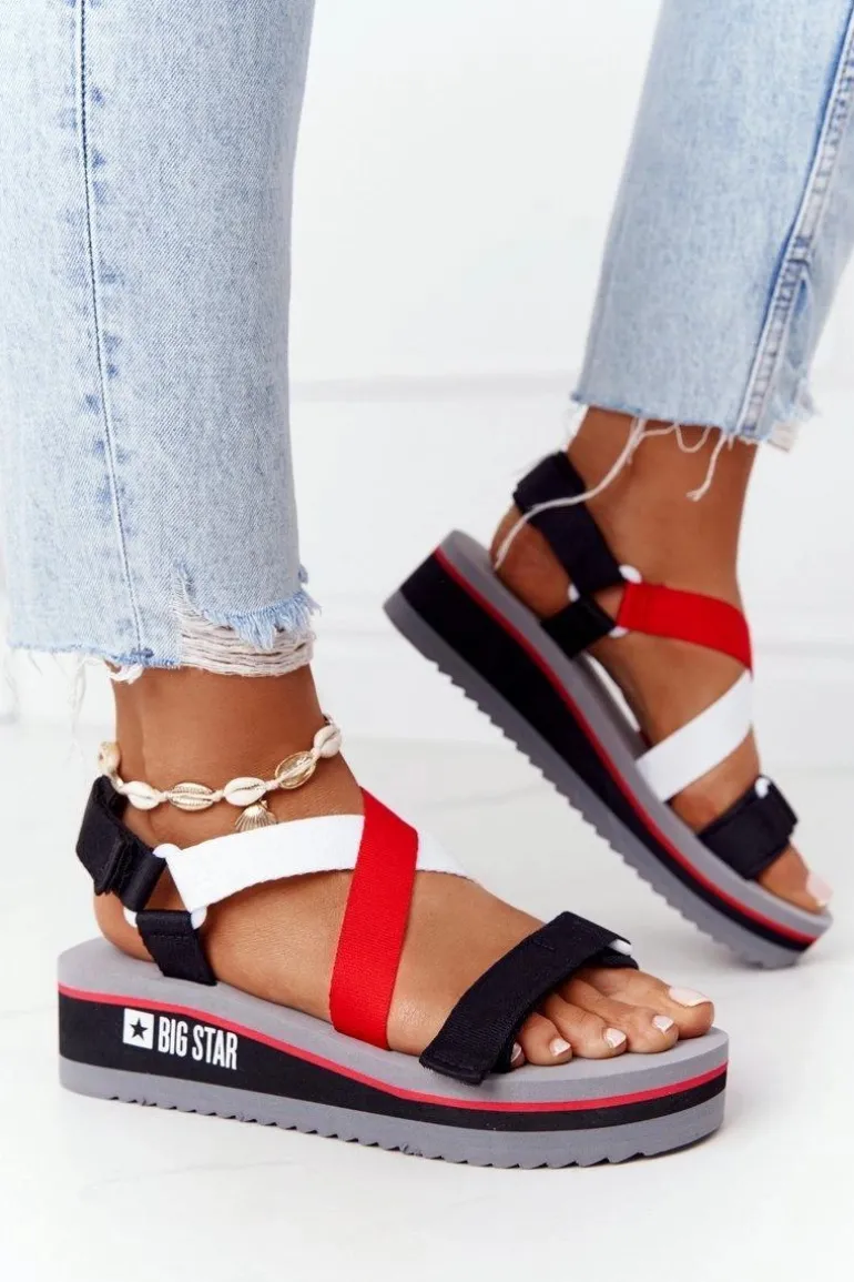 Piankowe Sandały Na Koturnie Big Star HH274A082 Czerwono-Białe