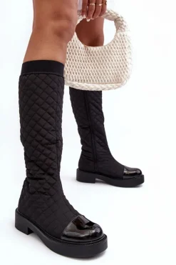 Pikowane Kozaki Przed Kolano Na Płaskim Obcasie Czarne Amalfri