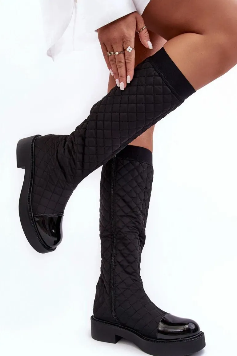 Pikowane Kozaki Przed Kolano Na Płaskim Obcasie Czarne Amalfri