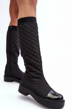 Pikowane Kozaki Przed Kolano Na Płaskim Obcasie Czarne Amalfri