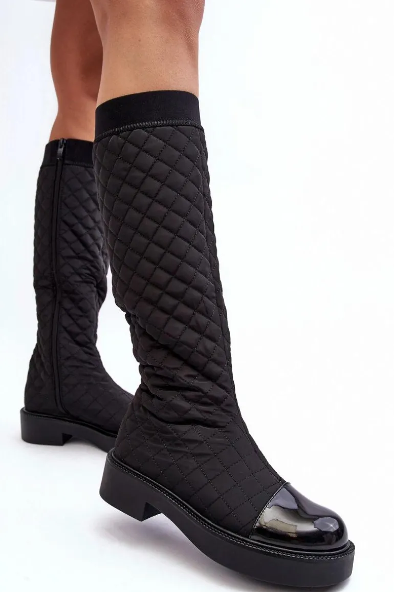 Pikowane Kozaki Przed Kolano Na Płaskim Obcasie Czarne Amalfri